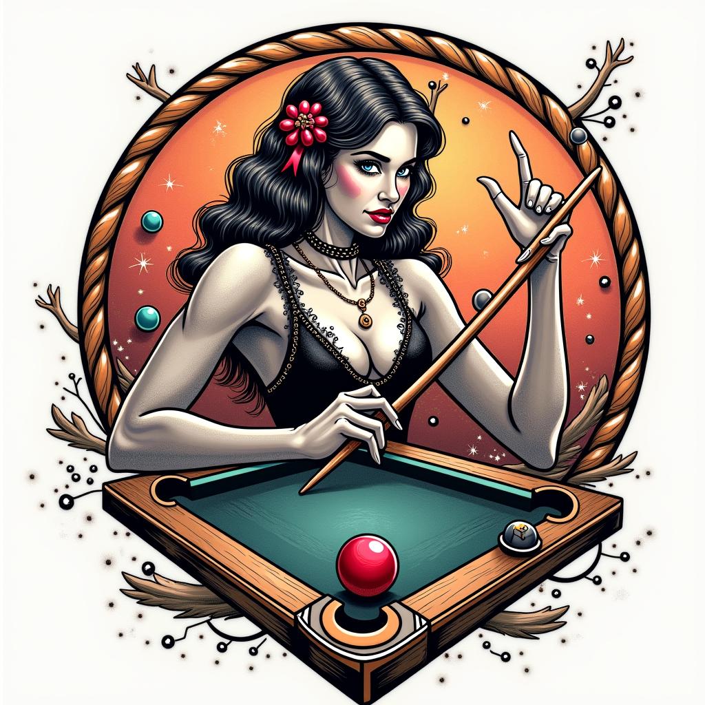 SCC, billiards, Sagittariusin pop art style tattoo, featuring bold and vibrant colors, exaggerated outlines, iconic imagery, inspired by comic books and speech bubbles, comic book characters, retro pop culture - Variation 4