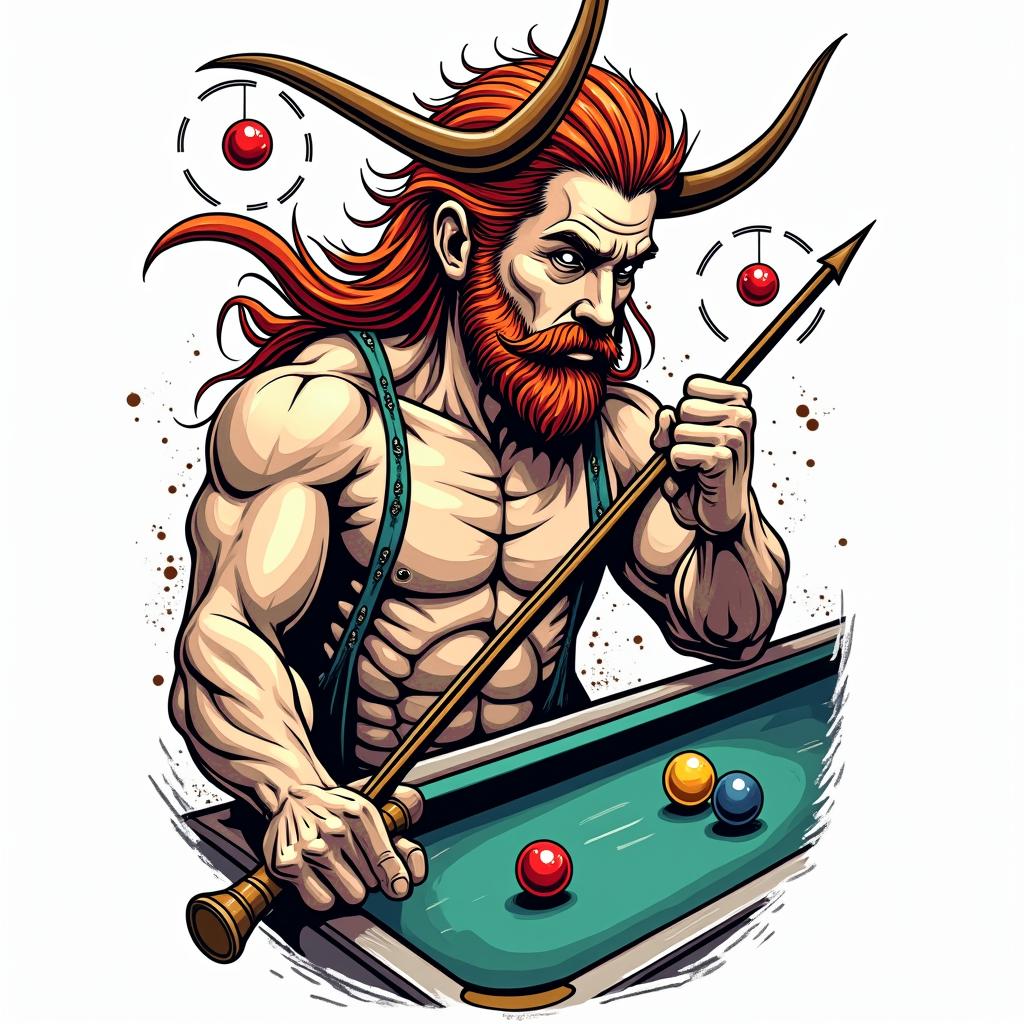 SCC, billiards, Sagittariusin pop art style tattoo, featuring bold and vibrant colors, exaggerated outlines, iconic imagery, inspired by comic books and speech bubbles, comic book characters, retro pop culture - Variation 3