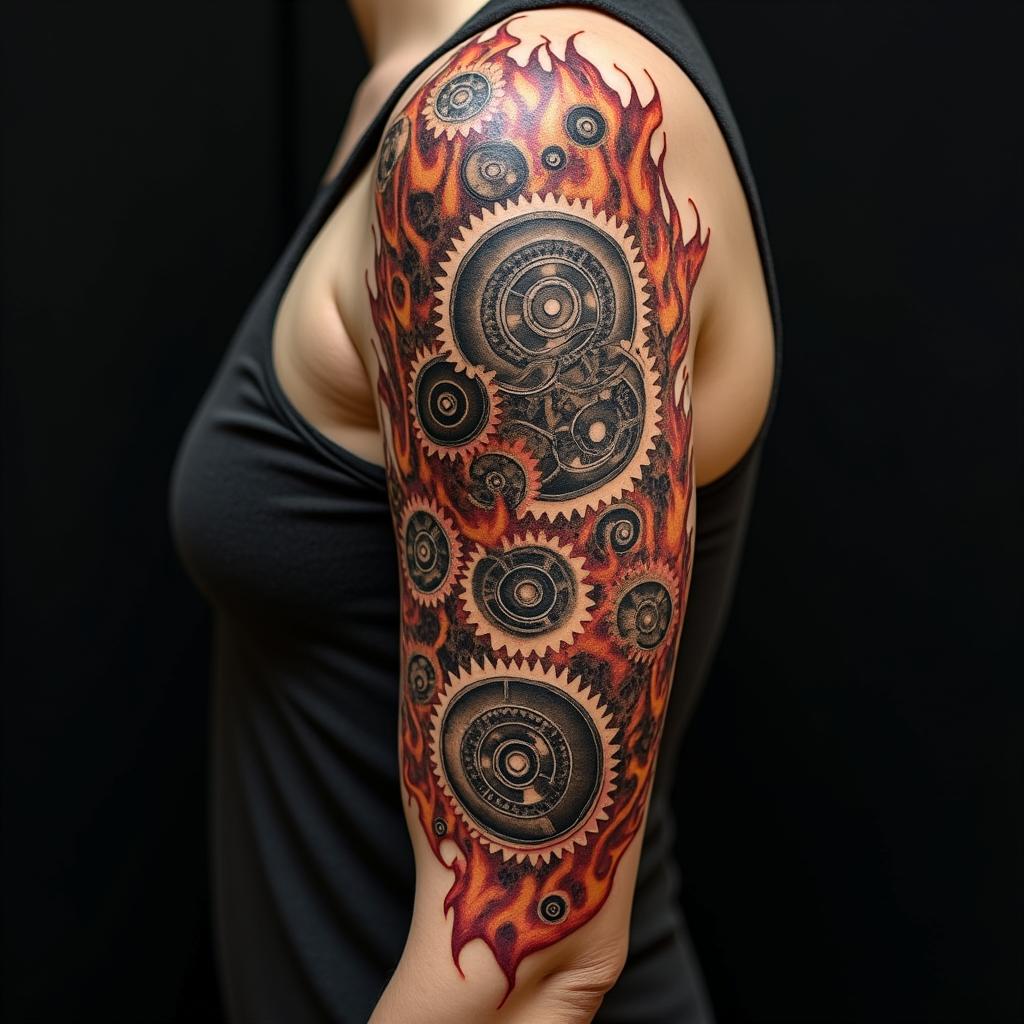 Mechanical gears fused with human anatomyin flame tattoo style showcasing fiery elements with dynamic flame patterns, glowing effect of flames, natural colors