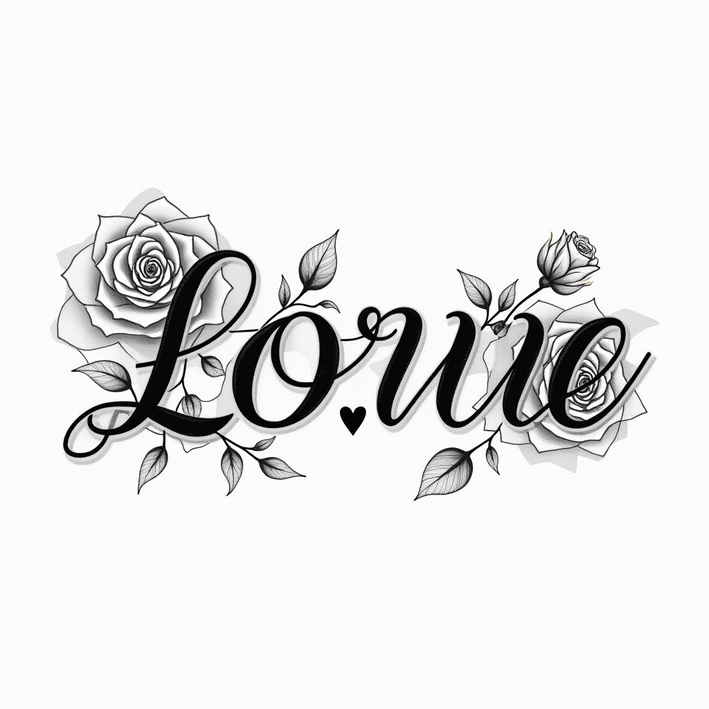 Forearm tattoo. With roses of different sizes but not too big. Fine lines.in elegant cursive calligraphy style 2d tattoo, decorate with roses, featuring a smooth and flowing handwritten script with slightly thickened strokes for a luxurious and bold appearance,  heart symbol between names,  sleek and glossy black text with shadowing, minimalist matte white background, clean and sharp edges, illuminated with soft lighting, romantic, 8k, high-quality textures with refined typography - Variation 3