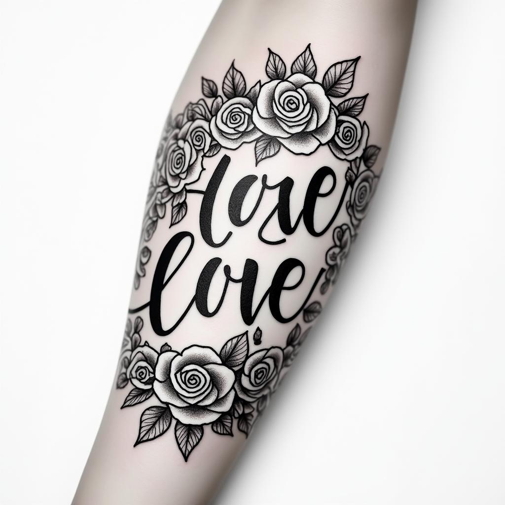 Forearm tattoo. With roses of different sizes but not too big. Fine lines.in elegant cursive calligraphy style 2d tattoo, decorate with roses, featuring a smooth and flowing handwritten script with slightly thickened strokes for a luxurious and bold appearance,  heart symbol between names,  sleek and glossy black text with shadowing, minimalist matte white background, clean and sharp edges, illuminated with soft lighting, romantic, 8k, high-quality textures with refined typography - Variation 2