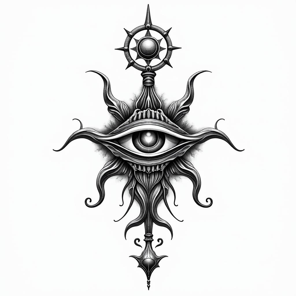 SCC, billiards, Sagittariusin spiritual symbols tattoo style, featuring an intricate design incorporating elements, Hamsa hand, third eye, minimalist composition - Variation 2