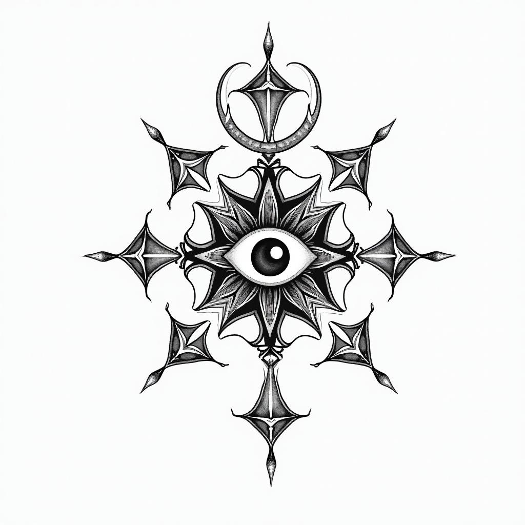 SCC, billiards, Sagittariusin spiritual symbols tattoo style, featuring an intricate design incorporating elements, Hamsa hand, third eye, minimalist composition - Variation 3