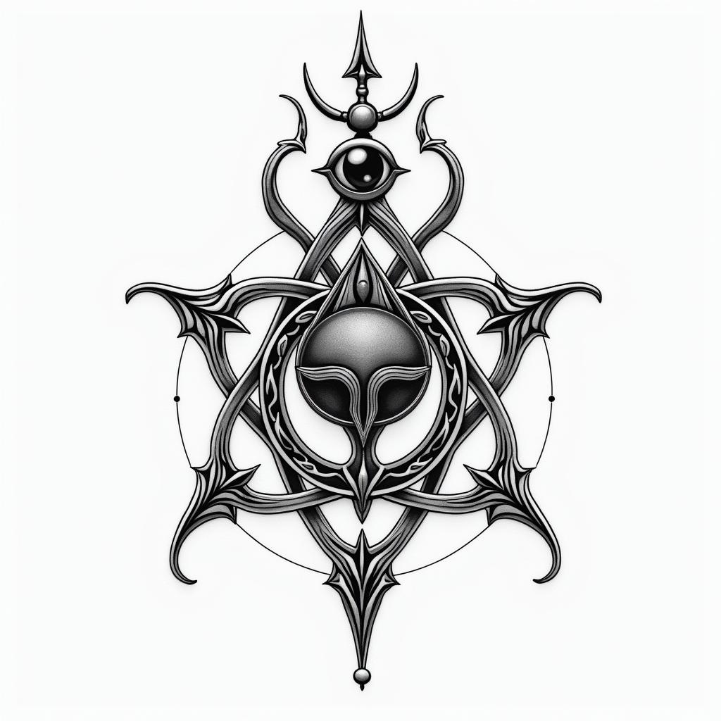 SCC, billiards, Sagittariusin spiritual symbols tattoo style, featuring an intricate design incorporating elements, Hamsa hand, third eye, minimalist composition - Variation 4