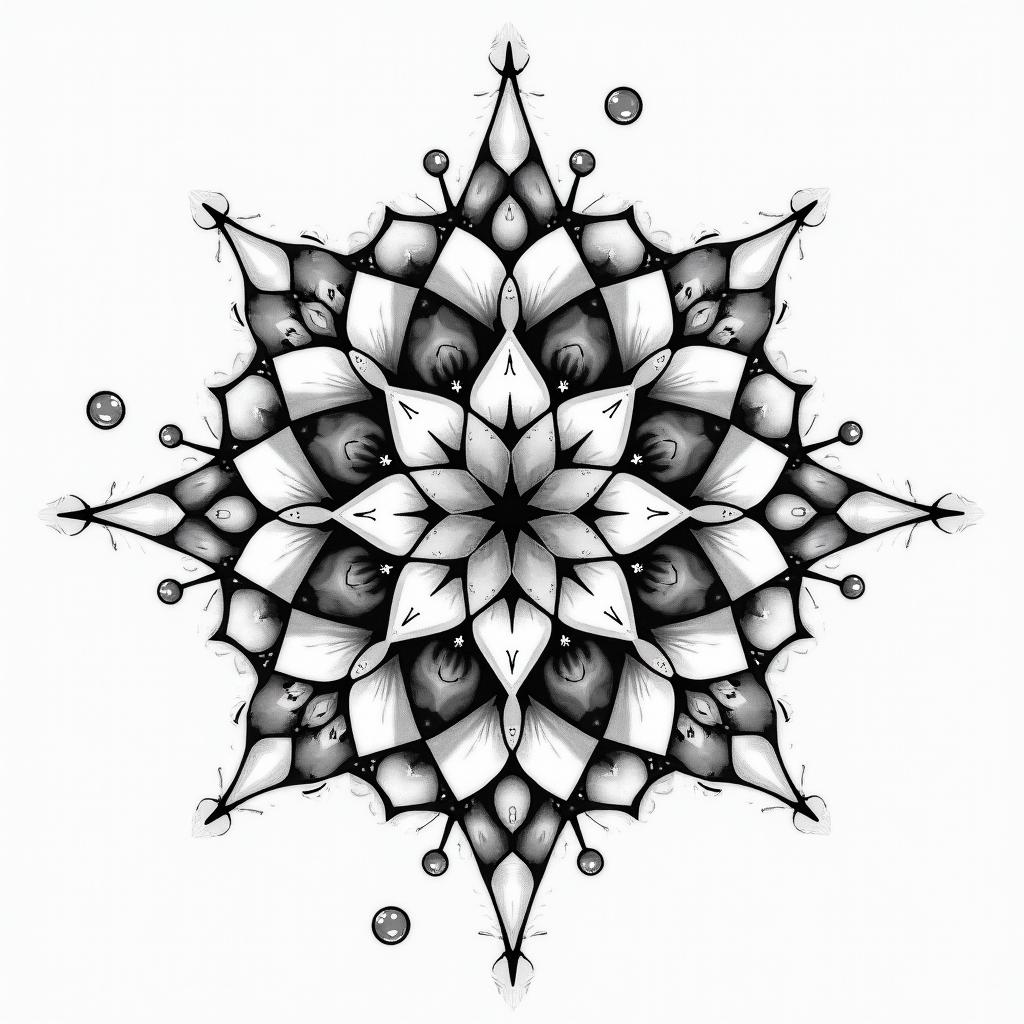 Bubbles sparkle quirky in geometric style tattoo, blending hexagons, mandala-inspired patterns, symmetrical and fractal design, clean lines, sharp angles