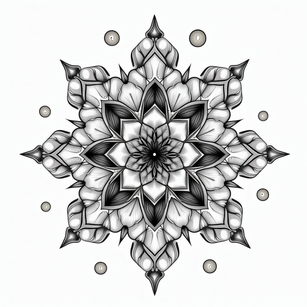 Bubbles sparkle quirky in geometric style tattoo, blending hexagons, mandala-inspired patterns, symmetrical and fractal design, clean lines, sharp angles - Variation 3