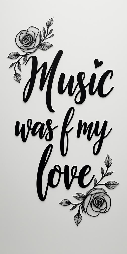 I love music. Therefore, I would like to have a tattoo with the words "Music was my first love."in elegant cursive calligraphy style 2d tattoo, decorate with roses, featuring a smooth and flowing handwritten script with slightly thickened strokes for a luxurious and bold appearance,  heart symbol between names,  sleek and glossy black text with shadowing, minimalist matte white background, clean and sharp edges, illuminated with soft lighting, romantic, 8k, high-quality textures with refined typography - Variation 3