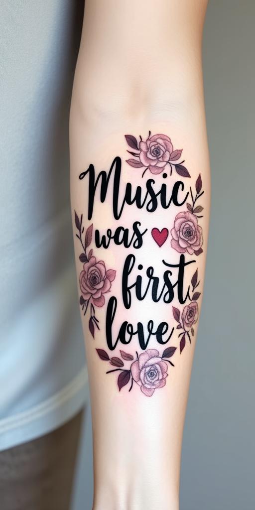 I love music. Therefore, I would like to have a tattoo with the words "Music was my first love."in elegant cursive calligraphy style 2d tattoo, decorate with roses, featuring a smooth and flowing handwritten script with slightly thickened strokes for a luxurious and bold appearance,  heart symbol between names,  sleek and glossy black text with shadowing, minimalist matte white background, clean and sharp edges, illuminated with soft lighting, romantic, 8k, high-quality textures with refined typography