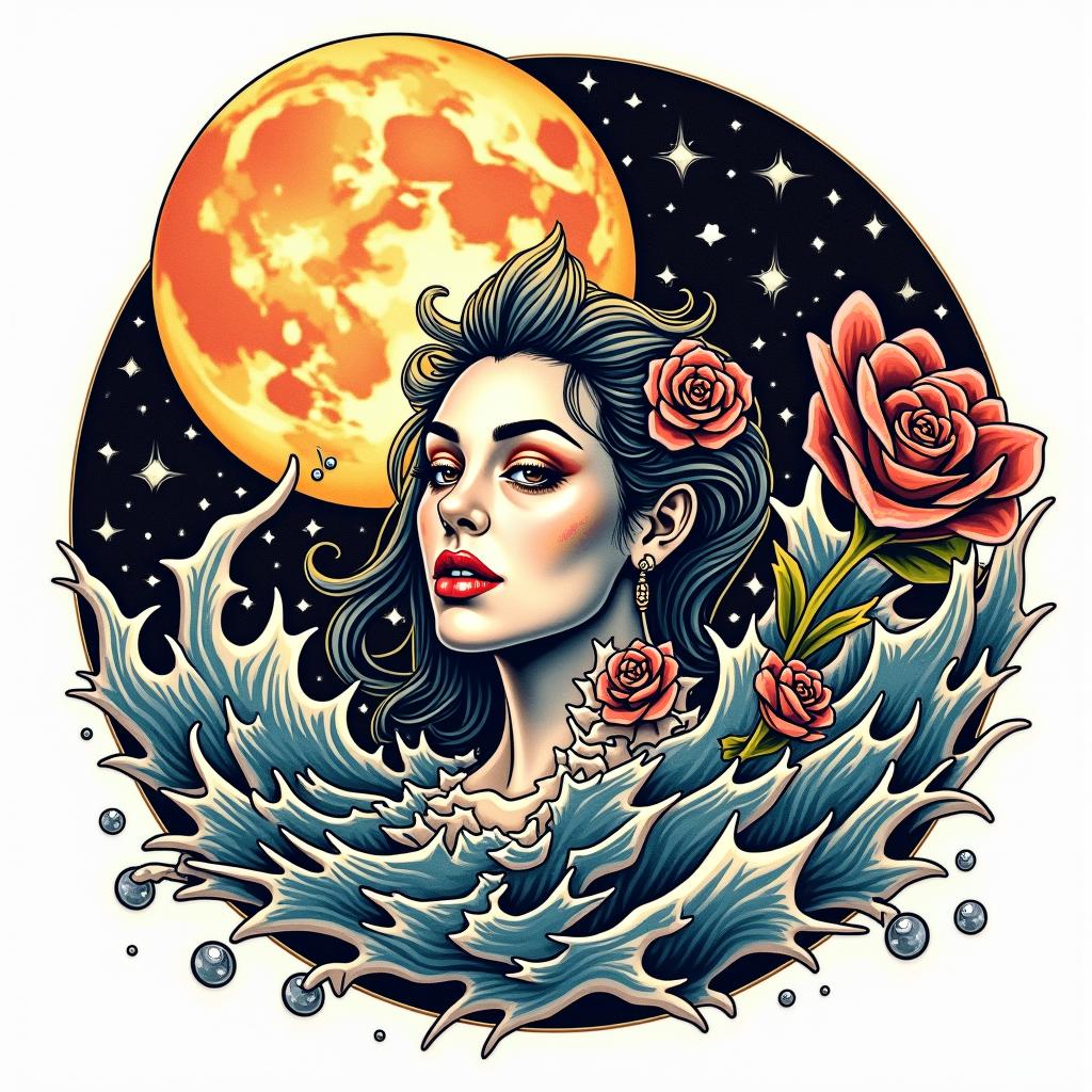 Frank William Campbell 88 moon water controlled chaosin pop art style tattoo, featuring bold and vibrant colors, exaggerated outlines, iconic imagery, inspired by comic books and speech bubbles, comic book characters, retro pop culture - Variation 4