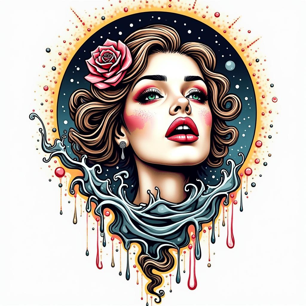 Frank William Campbell 88 moon water controlled chaosin pop art style tattoo, featuring bold and vibrant colors, exaggerated outlines, iconic imagery, inspired by comic books and speech bubbles, comic book characters, retro pop culture