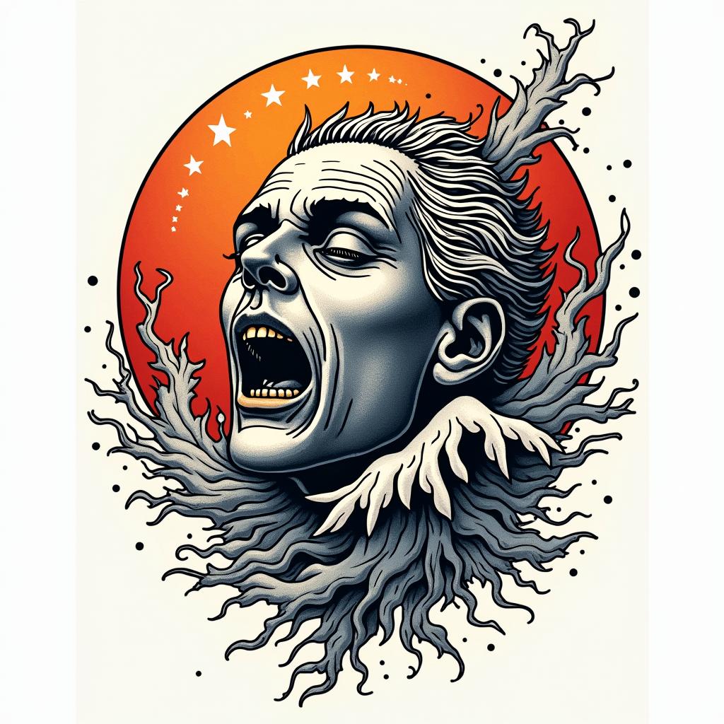 Frank William Campbell 88 moon water controlled chaosin pop art style tattoo, featuring bold and vibrant colors, exaggerated outlines, iconic imagery, inspired by comic books and speech bubbles, comic book characters, retro pop culture - Variation 3