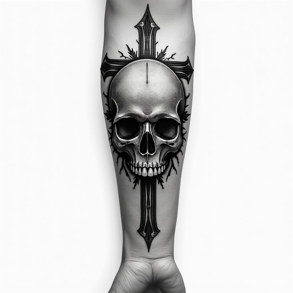 Cross skull forearmhigly detailed tattoo