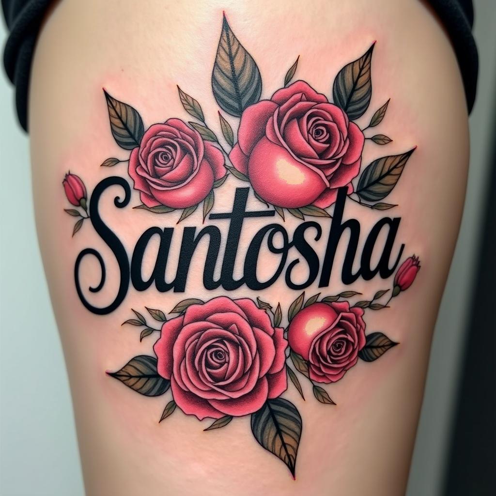 A beautifully designed tattoo featuring the word 'Santosha' in a stylish typeface font adorned with exquisite roses surrounding it. The roses should be detailed and vibrant, blending seamlessly with the lettering for a harmonious tattoo design.undefined