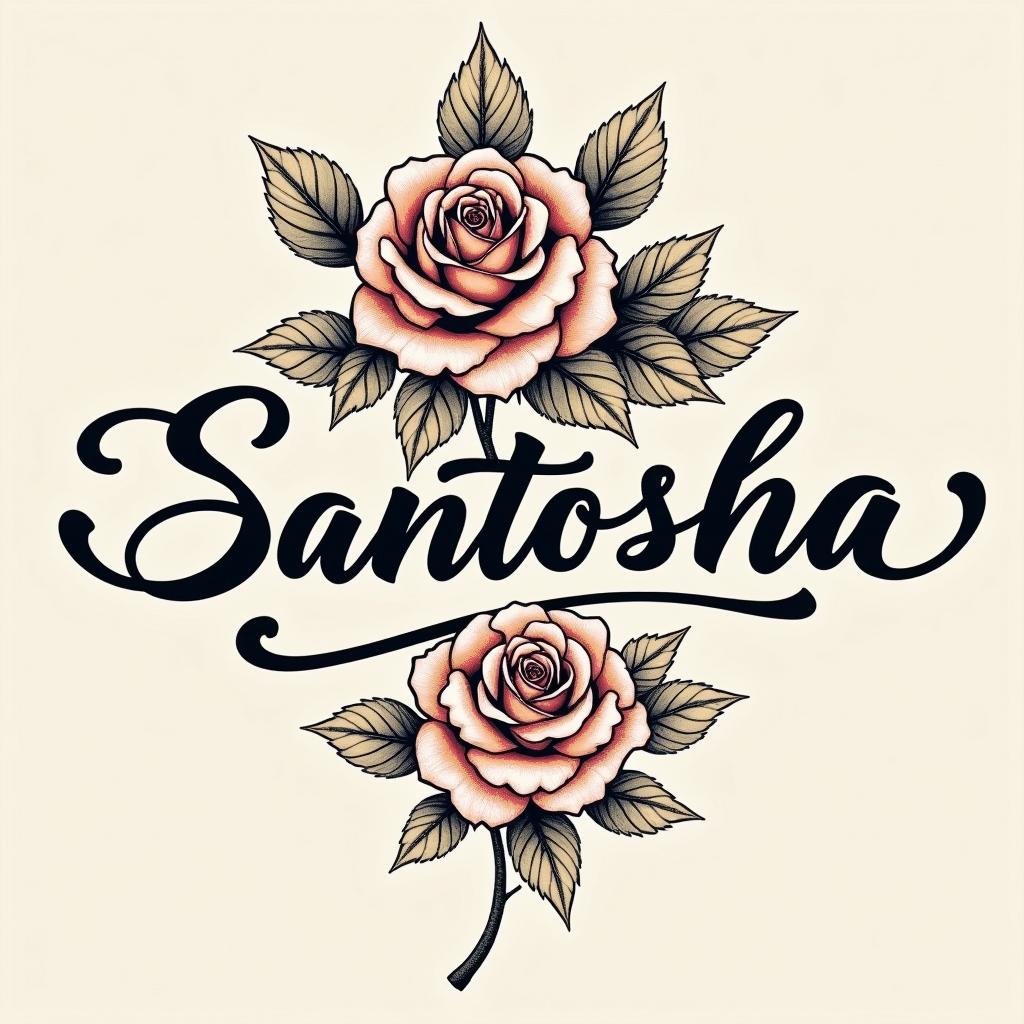 A chic tattoo concept featuring 'Santosha' written in a modern typeface, complemented by a cluster of detailed roses. The design should blend the text and floral elements beautifully for a tattoo that's full of meaning and style.undefined