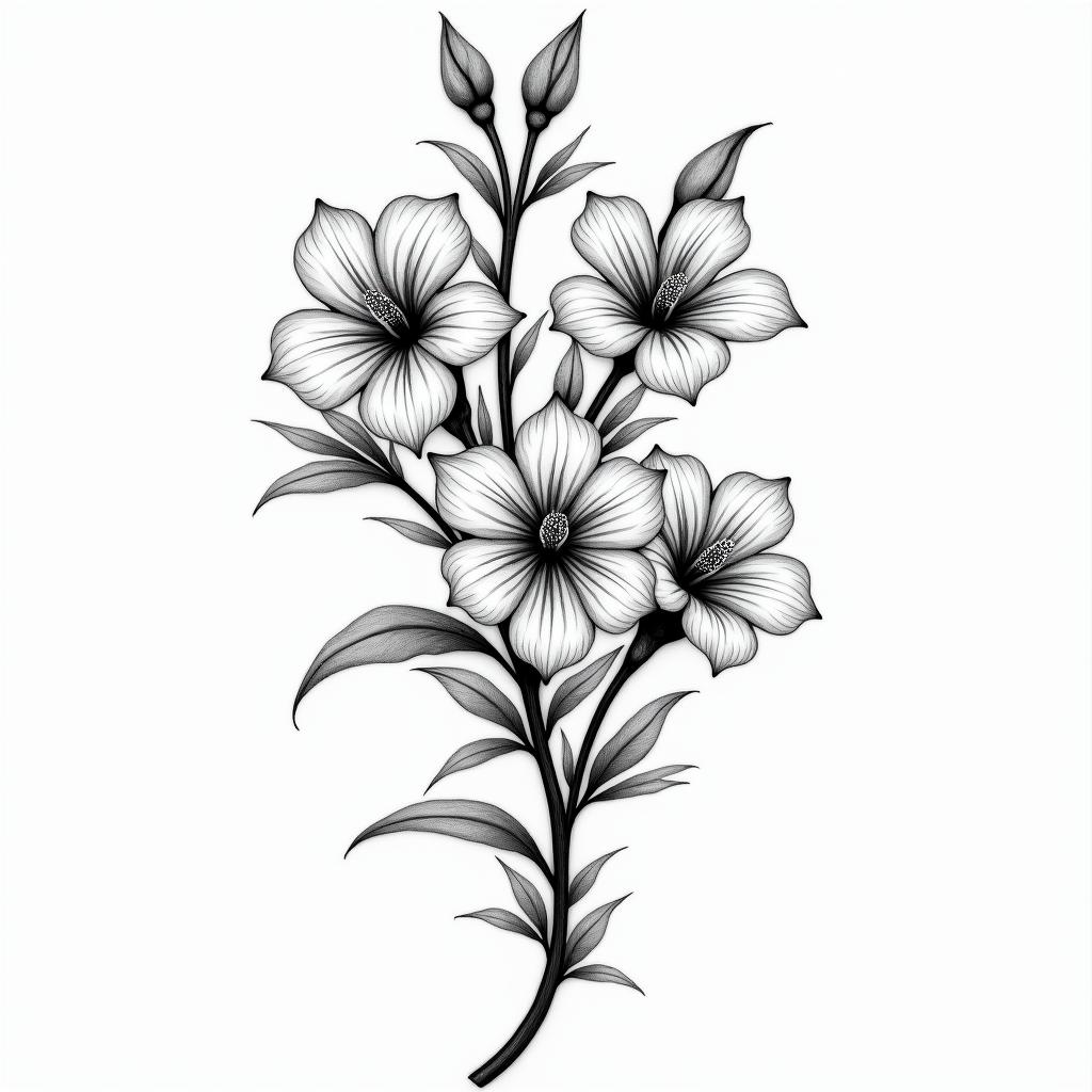 Long Jasmin flowershigly detailed tattoo - Variation 2