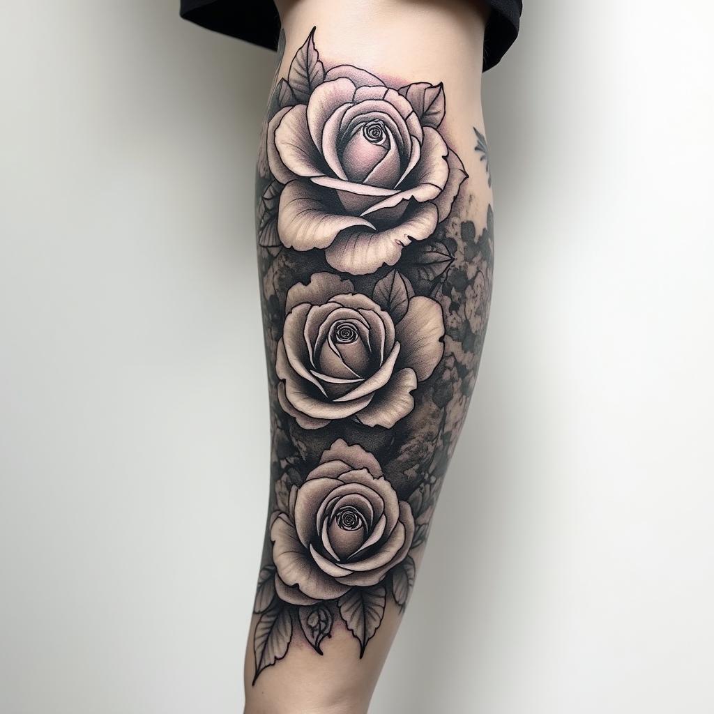 Forearm tattoo. With roses of different sizes, but not too big. Fine lines.tattoo in biomechanic style, the tattoo covered by robotic elements of futuristic cyberpunk design, robotic features detail, showcasing intricate mechanical components - Variation 4