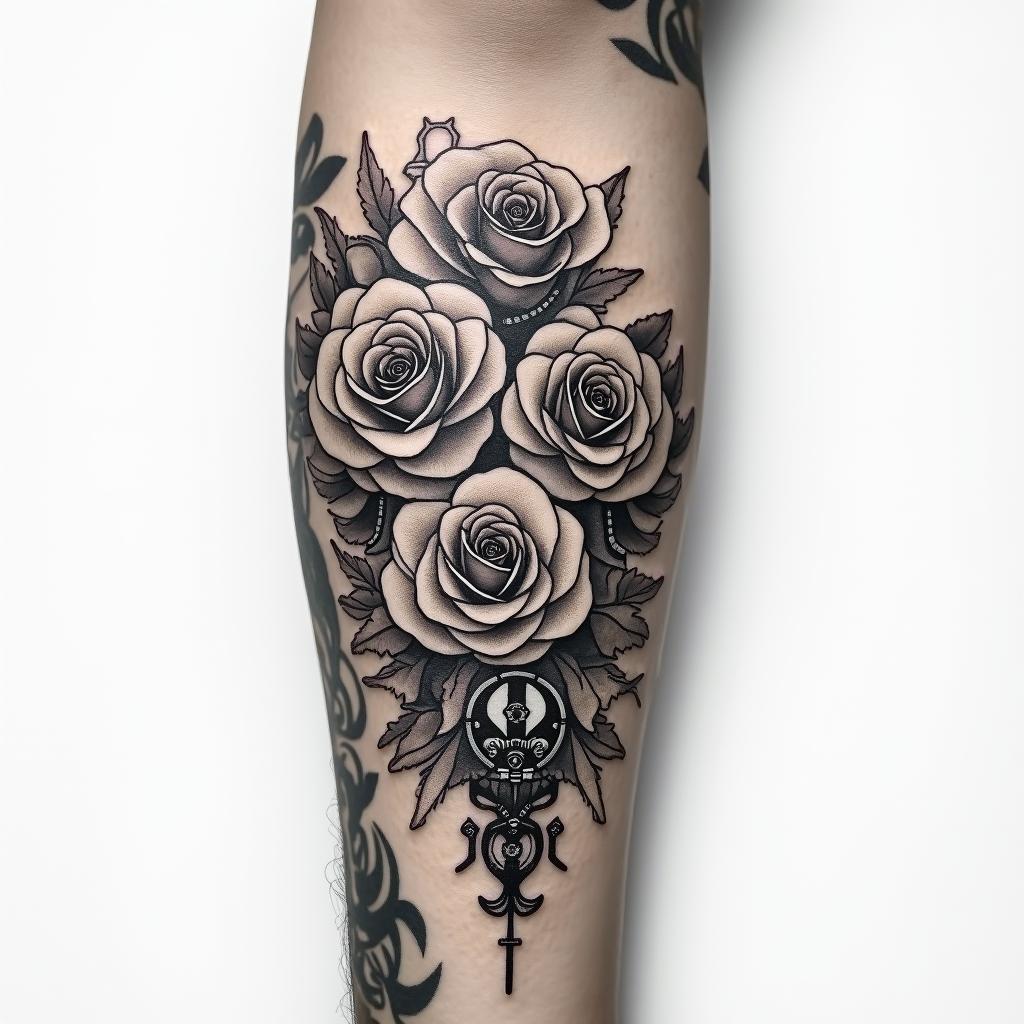 Forearm tattoo. With roses of different sizes, but not too big. Fine lines.tattoo in biomechanic style, the tattoo covered by robotic elements of futuristic cyberpunk design, robotic features detail, showcasing intricate mechanical components - Variation 3