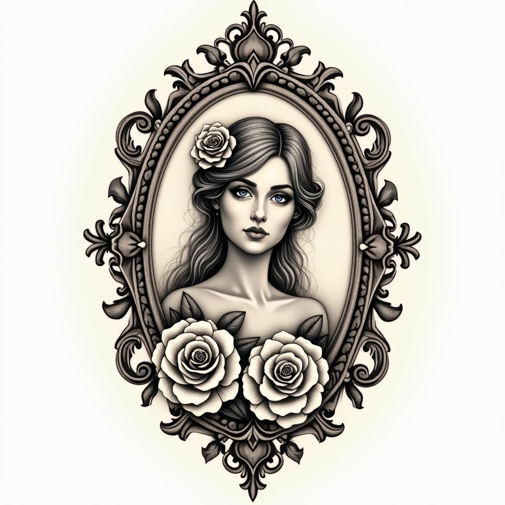 Marlén October 11, 1992 Librain victorian style tattoo, featuring vintage and elegant elements, ornate frames, roses, antique, sepia-toned color scheme