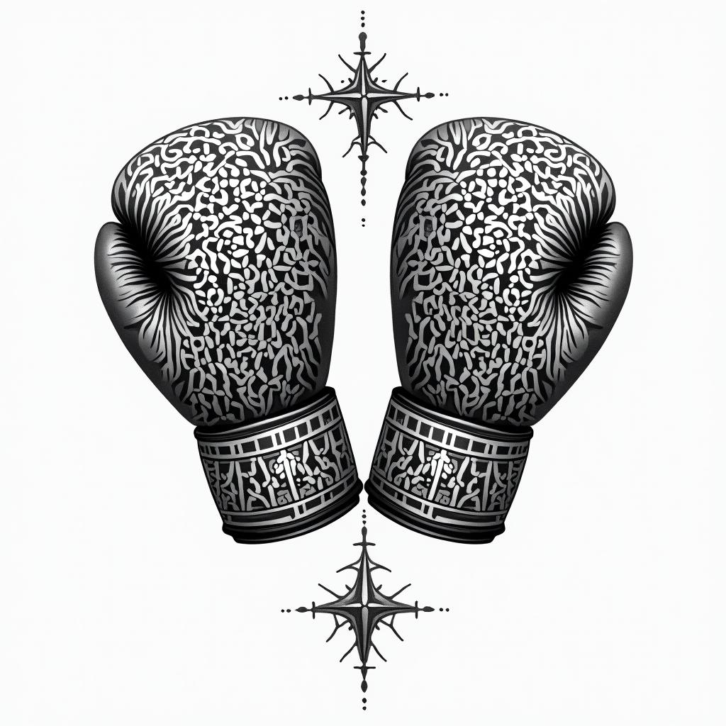 Boxing glovesin dotwork style tattoo, complex mandala patterns, interlocking geometric shapes with sharp symmetry, clean lines, sharp angles - Variation 3