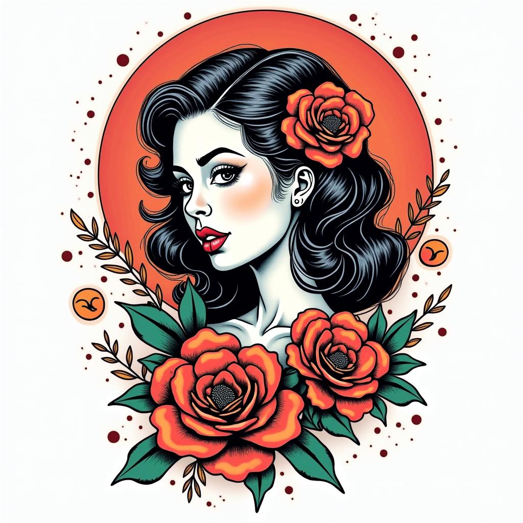 August 27 Virgoin pop art style tattoo, featuring bold and vibrant colors, exaggerated outlines, iconic imagery, inspired by comic books and speech bubbles, comic book characters, retro pop culture - Variation 3