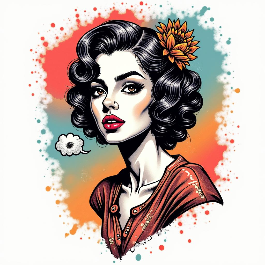 August 27 Virgoin pop art style tattoo, featuring bold and vibrant colors, exaggerated outlines, iconic imagery, inspired by comic books and speech bubbles, comic book characters, retro pop culture - Variation 2