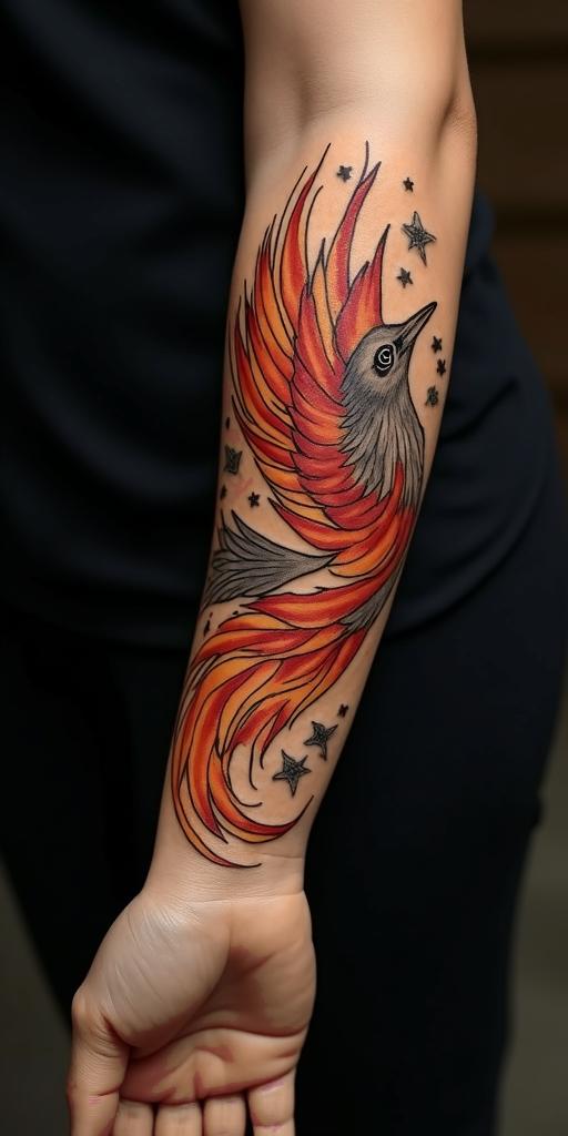 arm cover up, phoenix mix with wolfin flame tattoo style showcasing fiery elements with dynamic flame patterns, glowing effect of flames, natural colors - Variation 8