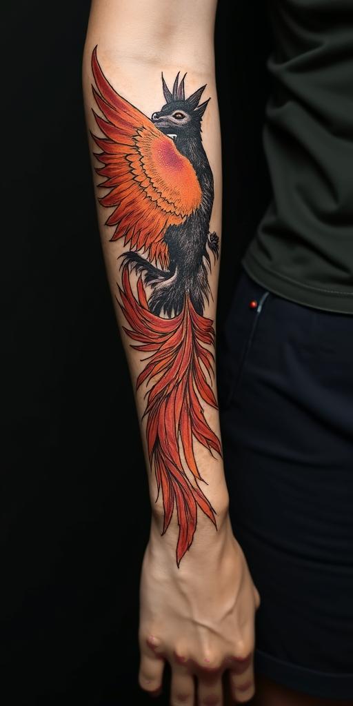 arm cover up, phoenix mix with wolfin flame tattoo style showcasing fiery elements with dynamic flame patterns, glowing effect of flames, natural colors - Variation 7