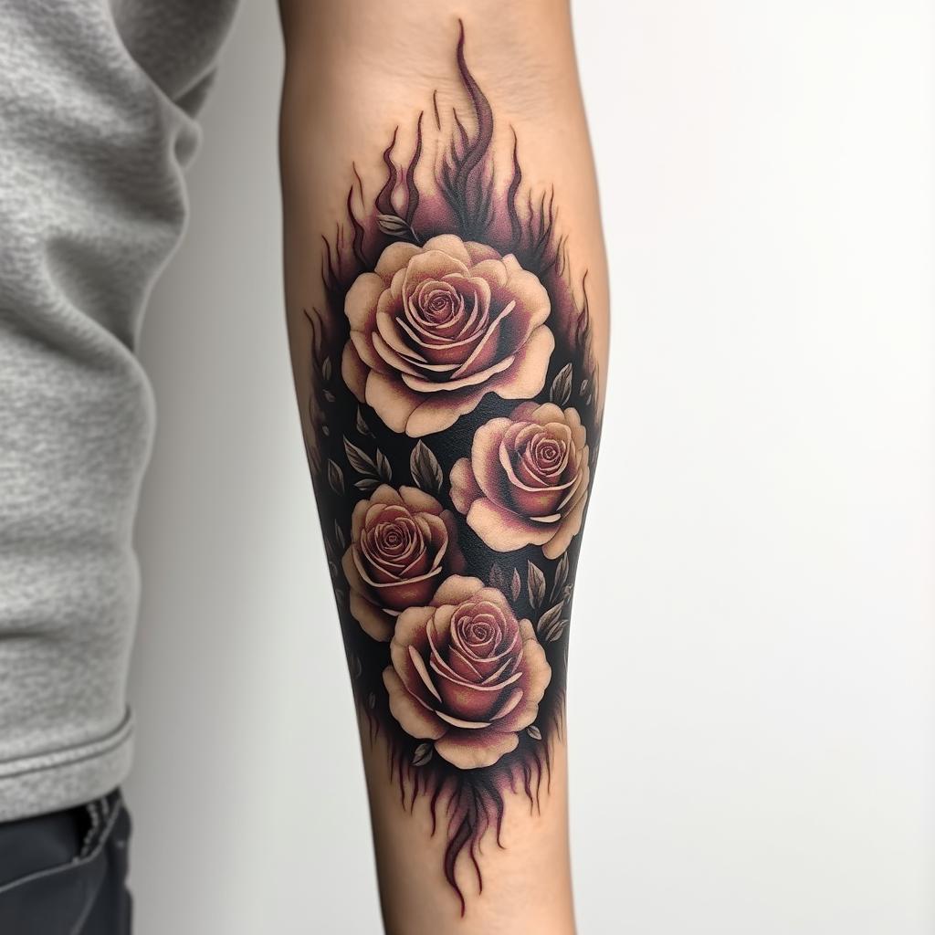 Forearm tattoo. With roses of different sizes but not too big. Fine lines.in flame tattoo style showcasing fiery elements with dynamic flame patterns, glowing effect of flames, natural colors - Variation 2
