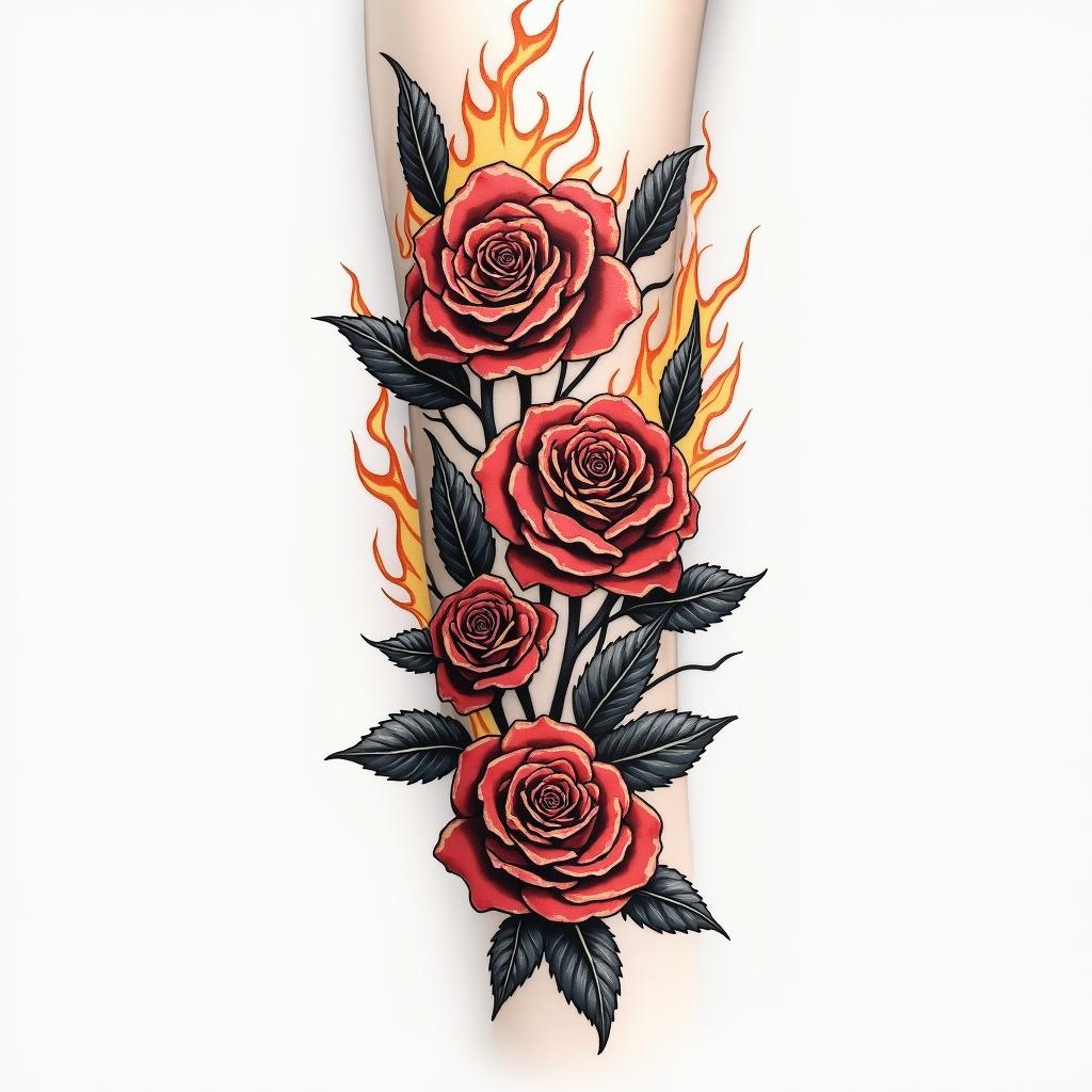 Forearm tattoo. With roses of different sizes but not too big. Fine lines.in flame tattoo style showcasing fiery elements with dynamic flame patterns, glowing effect of flames, natural colors