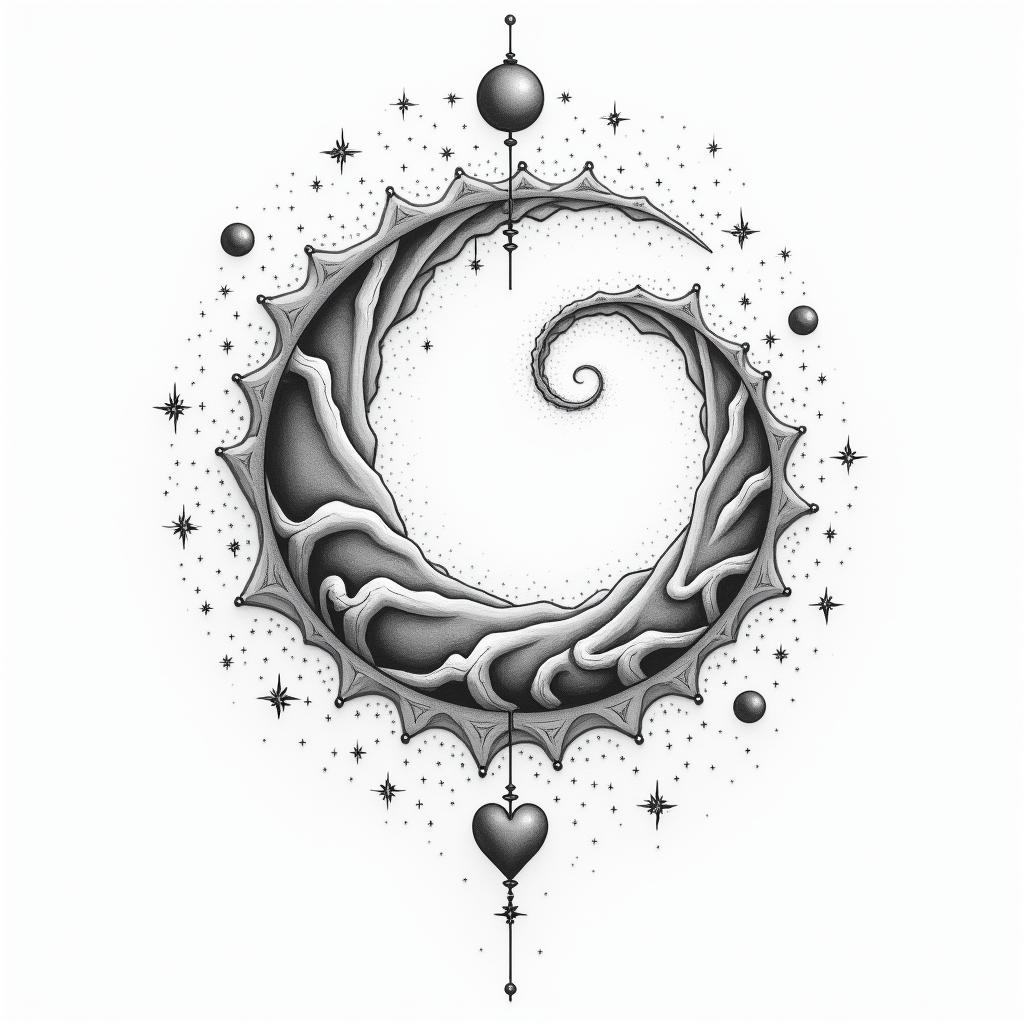 Spiral galaxy with stars and planetsin Modest style tattoo, featuring soft, delicate line work with simple and meaningful symbols, gentle waves, a heart, evoking a sense of serenity and grace, - Variation 4