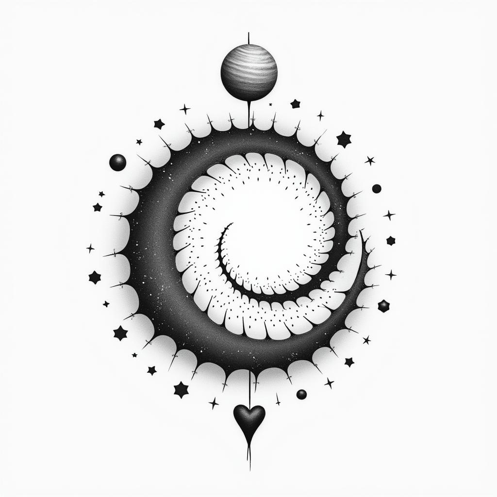 Spiral galaxy with stars and planetsin Modest style tattoo, featuring soft, delicate line work with simple and meaningful symbols, gentle waves, a heart, evoking a sense of serenity and grace, - Variation 2