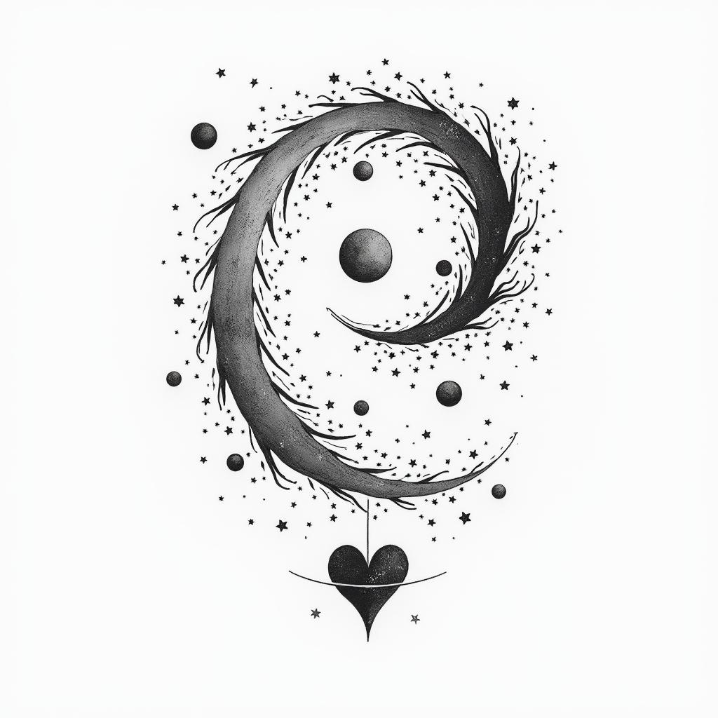 Spiral galaxy with stars and planetsin Modest style tattoo, featuring soft, delicate line work with simple and meaningful symbols, gentle waves, a heart, evoking a sense of serenity and grace, - Variation 3