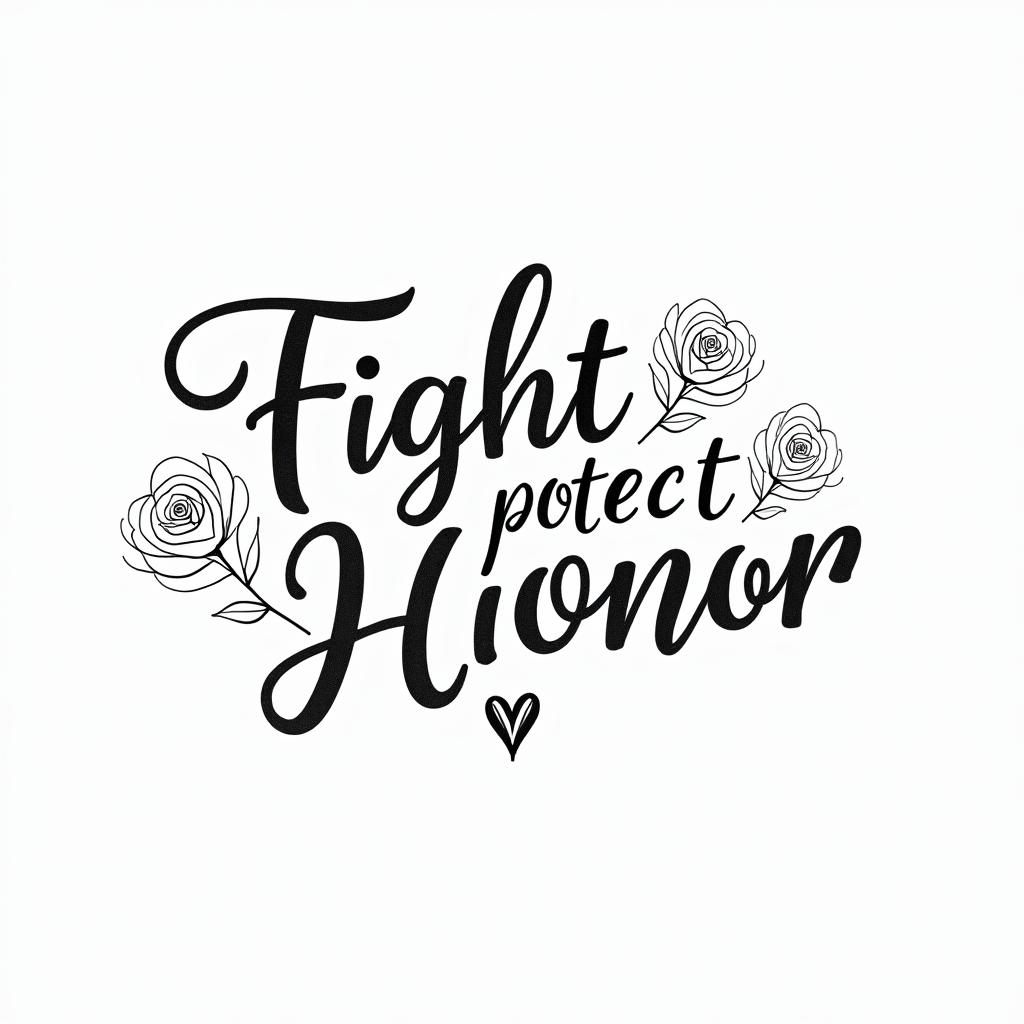 Single line. Cursive. Including the words Fight, Protect, Honorin elegant cursive calligraphy style 2d tattoo, decorate with roses, featuring a smooth and flowing handwritten script with slightly thickened strokes for a luxurious and bold appearance, heart symbol between names, sleek and glossy black text with shadowing, minimalist matte white background, clean and sharp edges, illuminated with soft lighting, romantic, 8k, high-quality textures with refined typography - Variation 4
