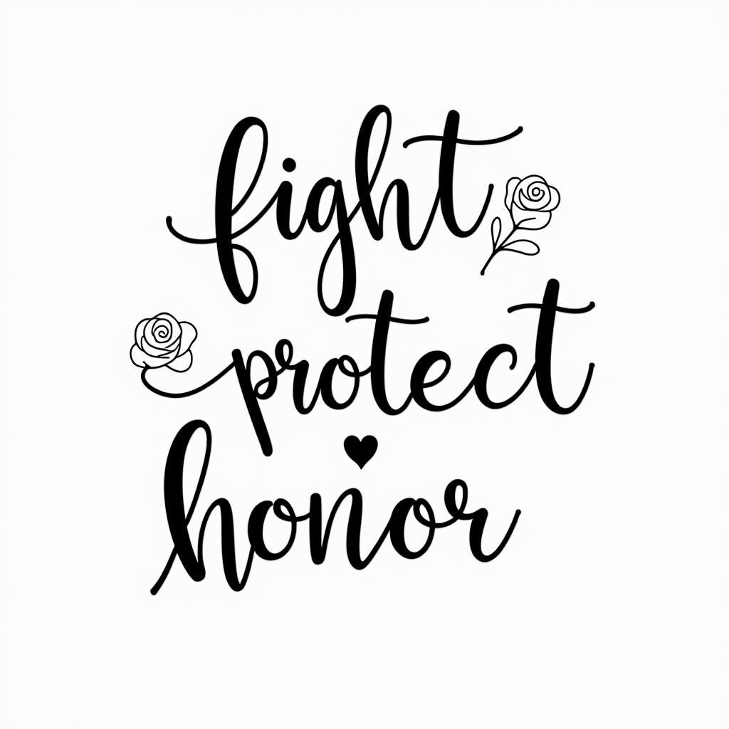 Single line. Cursive. Including the words Fight, Protect, Honorin elegant cursive calligraphy style 2d tattoo, decorate with roses, featuring a smooth and flowing handwritten script with slightly thickened strokes for a luxurious and bold appearance, heart symbol between names, sleek and glossy black text with shadowing, minimalist matte white background, clean and sharp edges, illuminated with soft lighting, romantic, 8k, high-quality textures with refined typography - Variation 2