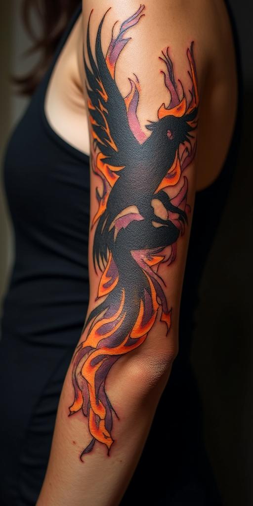 arm cover up, phoenix mix with wolfin flame tattoo style showcasing fiery elements with dynamic flame patterns, glowing effect of flames, natural colors - Variation 4