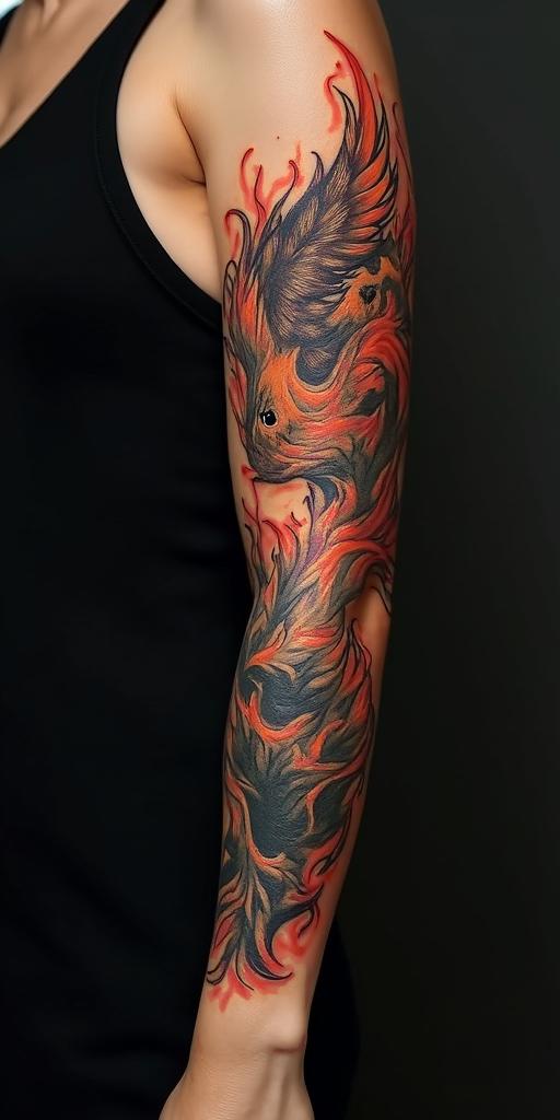 arm cover up, phoenix mix with wolfin flame tattoo style showcasing fiery elements with dynamic flame patterns, glowing effect of flames, natural colors - Variation 3
