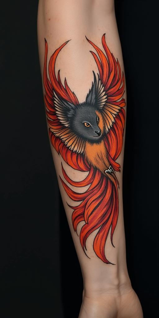arm cover up, phoenix mix with wolfin flame tattoo style showcasing fiery elements with dynamic flame patterns, glowing effect of flames, natural colors