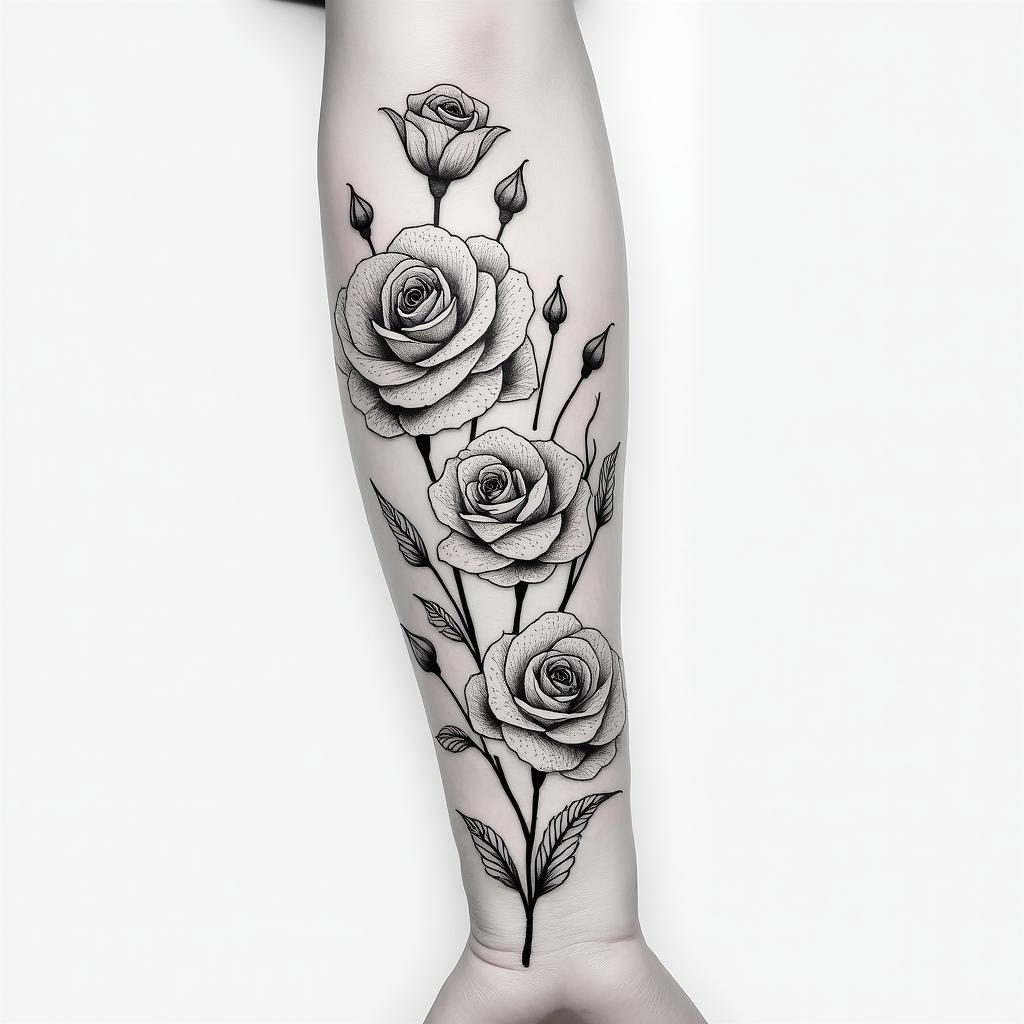 Forearm tattoo. With roses of different sizes but not too large. Fine lines.in Modest style tattoo, featuring soft, delicate line work with simple and meaningful symbols, gentle waves, a heart, evoking a sense of serenity and grace, - Variation 2