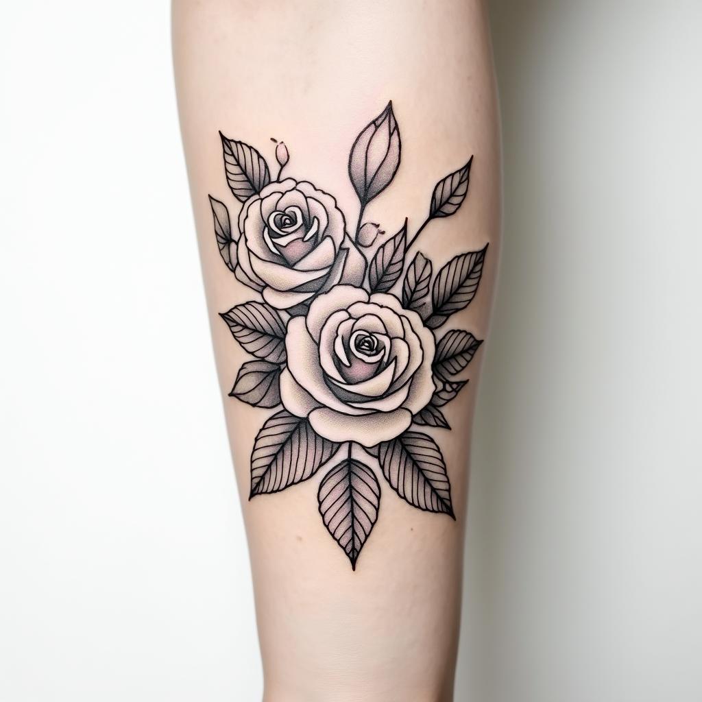 Forearm tattoo. With roses of different sizes but not too large. Fine lines.in Modest style tattoo, featuring soft, delicate line work with simple and meaningful symbols, gentle waves, a heart, evoking a sense of serenity and grace,