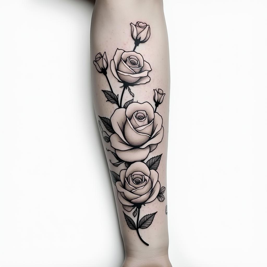 Forearm tattoo. With roses of different sizes but not too large. Fine lines.in Modest style tattoo, featuring soft, delicate line work with simple and meaningful symbols, gentle waves, a heart, evoking a sense of serenity and grace, - Variation 3