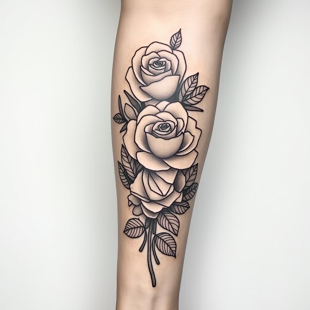 Forearm tattoo. With roses of different sizes but not too large. Fine lines.in Modest style tattoo, featuring soft, delicate line work with simple and meaningful symbols, gentle waves, a heart, evoking a sense of serenity and grace, - Variation 4