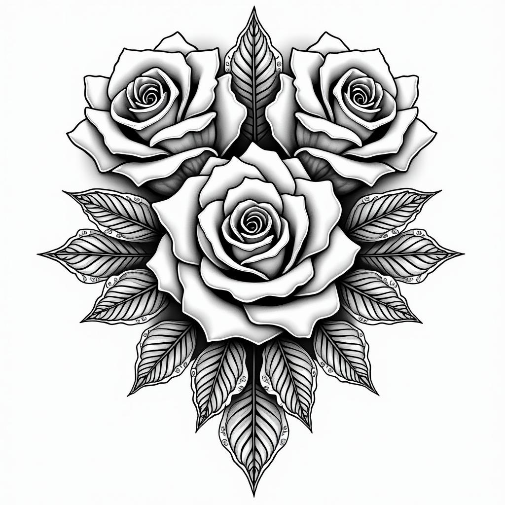Two rosesin ornamental tattoo style, featuring intricate symmetrical patterns and floral designs, showcasing highly detailed line work and geometric shapes, creating a sense of elegance and balance - Variation 3