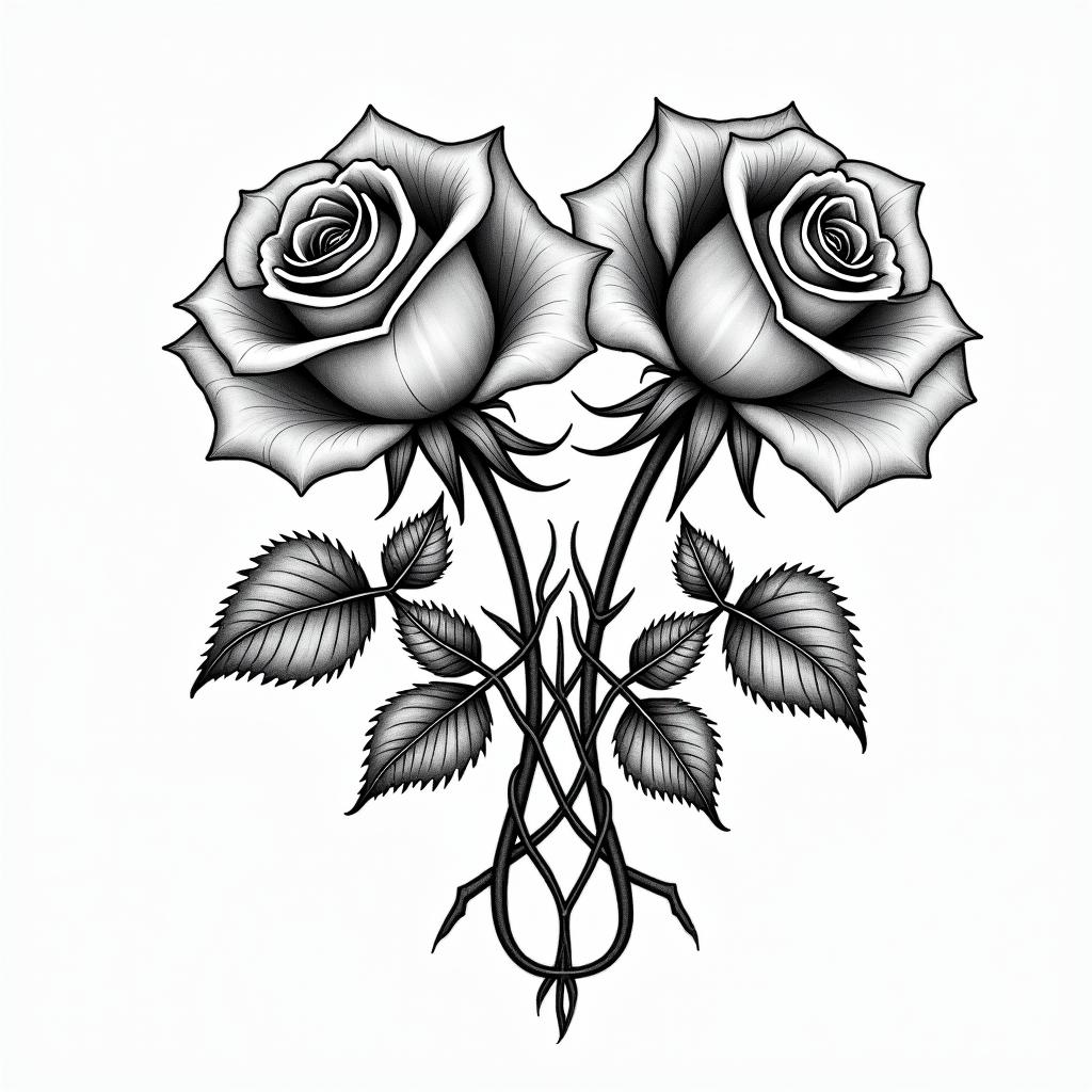 Two rosesin ornamental tattoo style, featuring intricate symmetrical patterns and floral designs, showcasing highly detailed line work and geometric shapes, creating a sense of elegance and balance