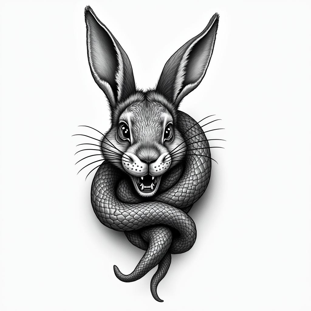 Two angry snakes tangled up in a rabbit is a tattoo for my arm.higly detailed tattoo