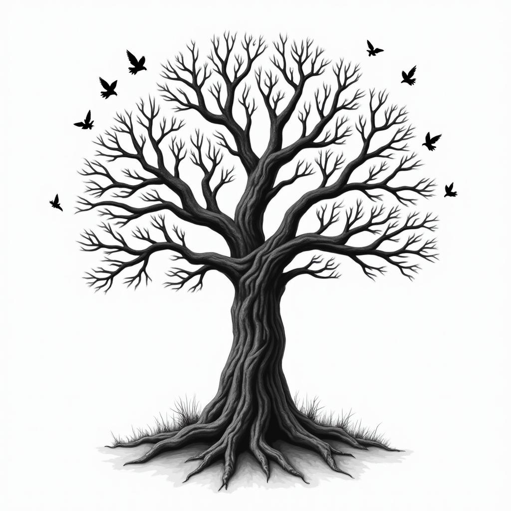 Angry orchard tree with disappearing birdsin realism tattoo style, featuring a highly detailed, lifelike, capturing every detail, photorealistic, ultra realistic, intricate shading, smooth and sharp, - Variation 2