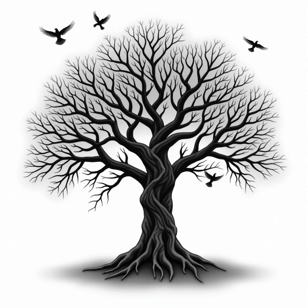 Angry orchard tree with disappearing birdsin realism tattoo style, featuring a highly detailed, lifelike, capturing every detail, photorealistic, ultra realistic, intricate shading, smooth and sharp,  