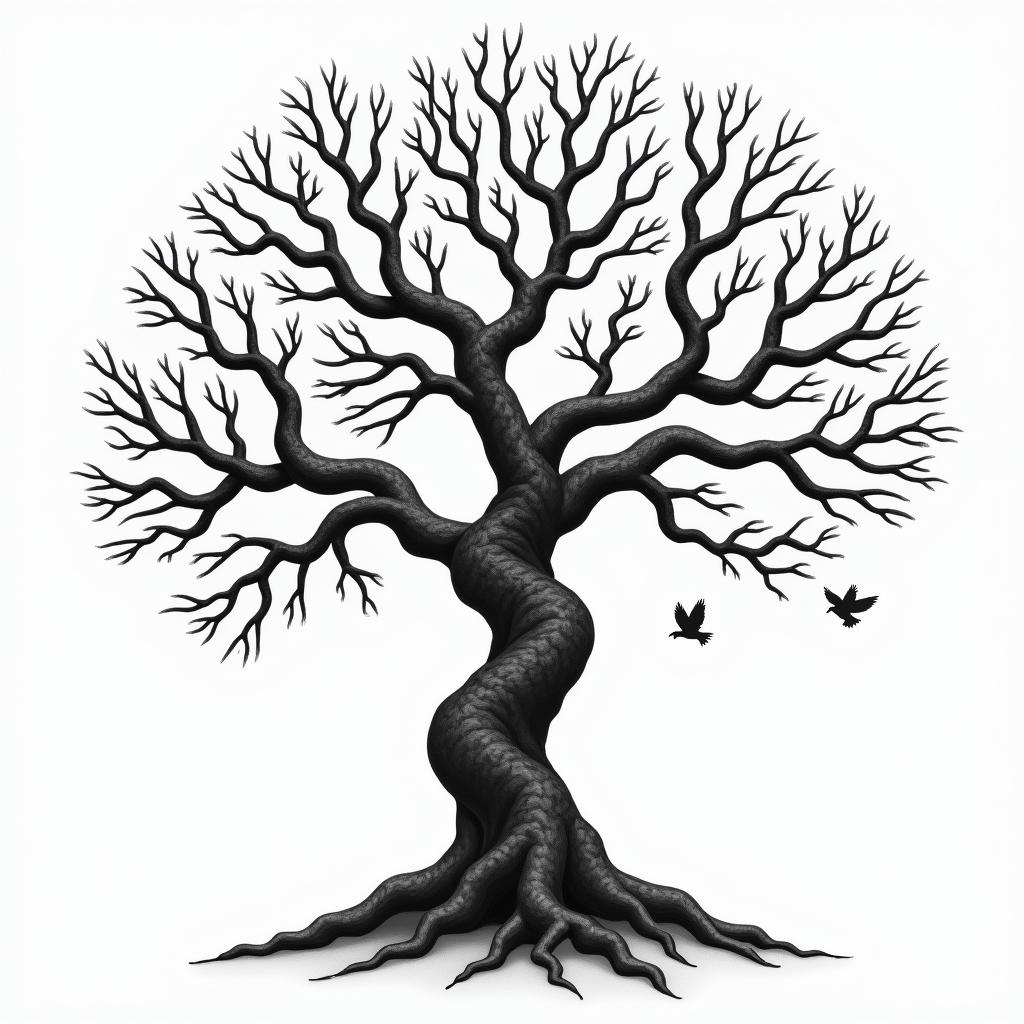 Angry orchard tree with disappearing birdsin realism tattoo style, featuring a highly detailed, lifelike, capturing every detail, photorealistic, ultra realistic, intricate shading, smooth and sharp, - Variation 3