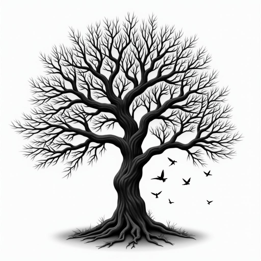 Angry orchard tree with disappearing birdsin realism tattoo style, featuring a highly detailed, lifelike, capturing every detail, photorealistic, ultra realistic, intricate shading, smooth and sharp, - Variation 4