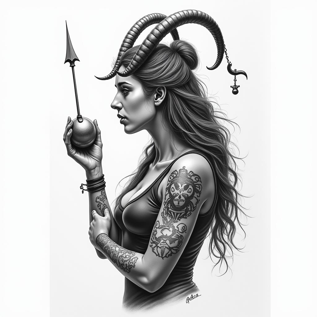 SCC, billiards, Sagittariusin portrait tattoo style, featuring a highly realistic and detailed depiction - Variation 2