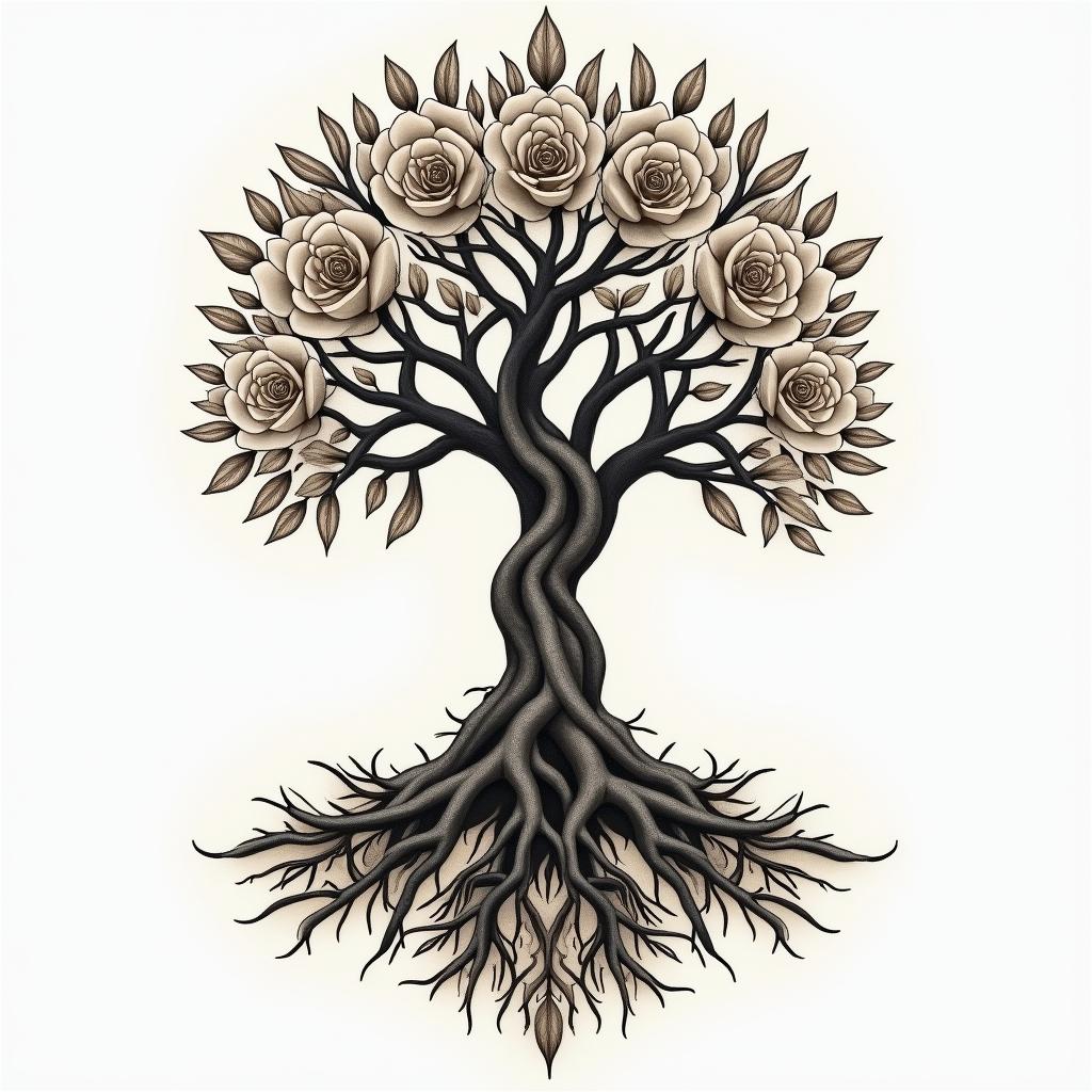 Tree of life with roots and branchesin victorian style tattoo, featuring vintage and elegant elements, ornate frames, roses, antique, sepia-toned color scheme